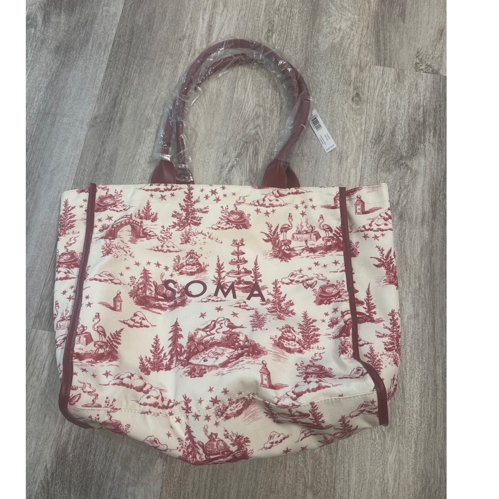 Soma Enchanted Tote Champagne Red Toile Winter Scene Canvasโ Bag New